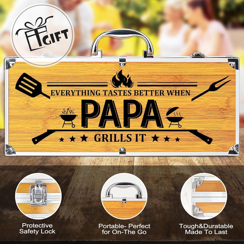 LEWARAN Papa Gifts from Grandkids, Papa Grilling Gift Heavy Duty Wooden BBQ Grilling Accessories Kit for Backyard, Thick Stainless Steel Grill Utensils with Non-Slip Handle Tools in Portable Bag on Christmas - Image 3